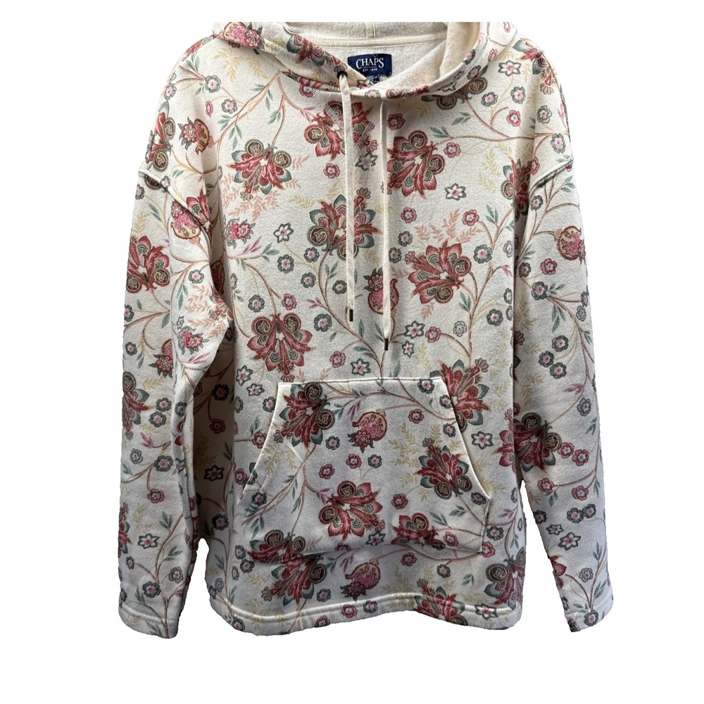 Chaps Womens Hoodie Sweatshirt Small Red Ivory Paisley Floral Long Sleeve Fleece